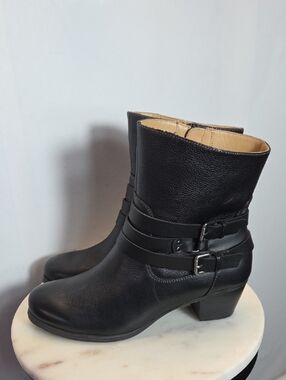 Naturalizer Black Leather Mid-Calf Buckle Heeled Boots Size 9.5W